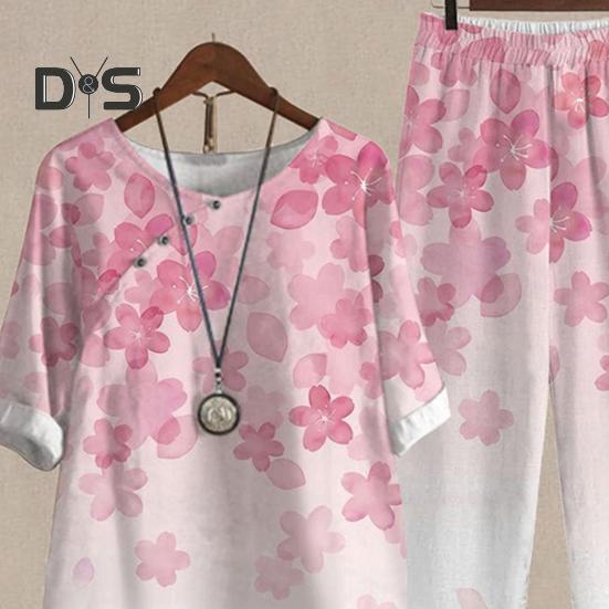 2 Adet/takım Kadın Üst Pantolon Seti Retro Yaprak Baskı Geniş Bacak Elastik Bel Yarım Kollu Yuvarlak Boyun Gevşek Artı Boyutu Orta Yaşlı Kadın Anne Rahat T-shirt