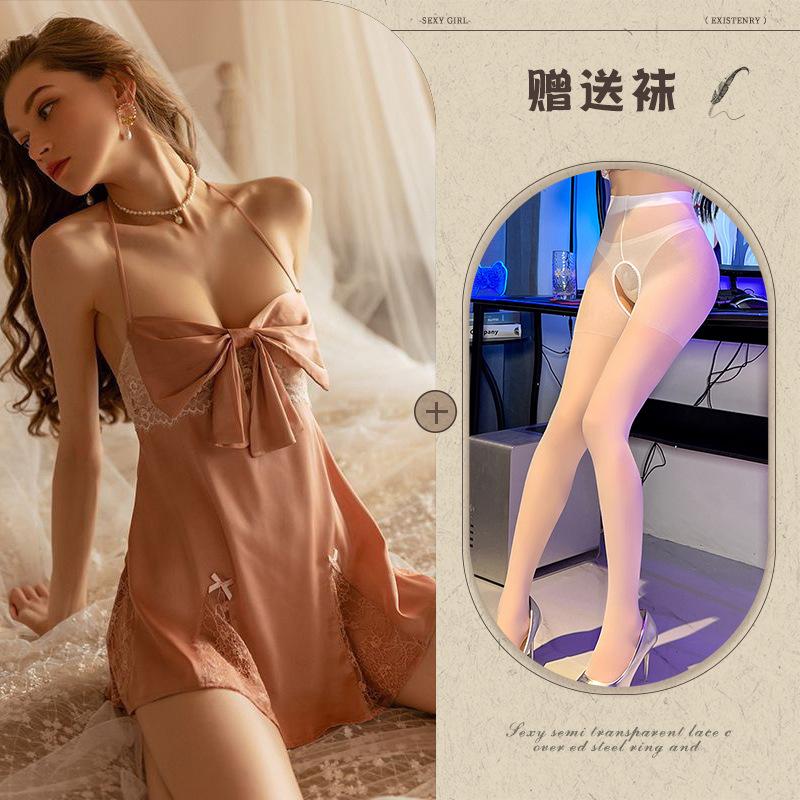 New sexy suspender lace temptation nightdress ice silk chest bow set