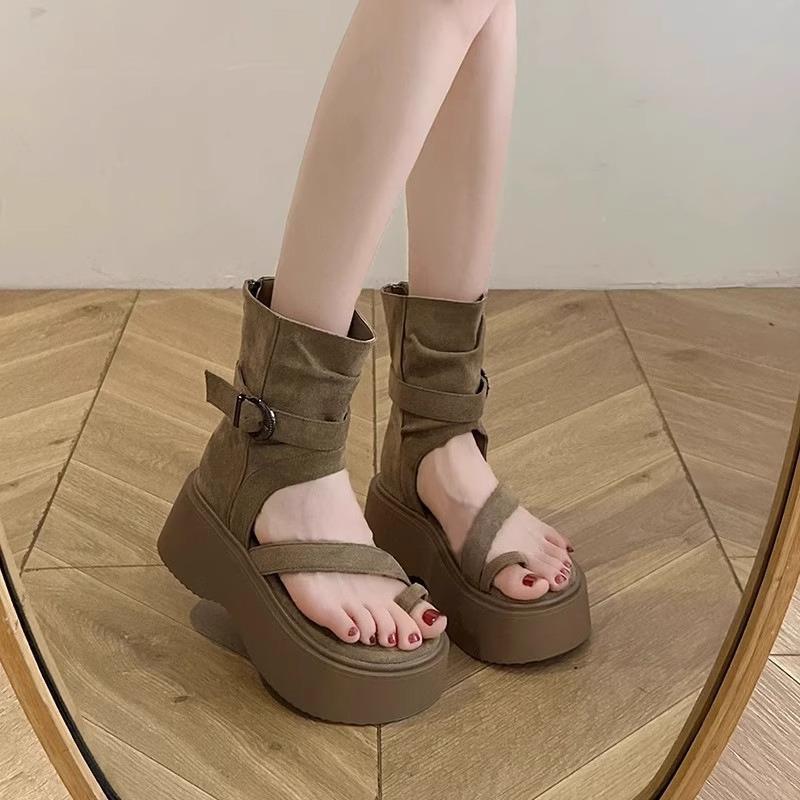 Thick-soled heightening trousers, cool boots for women's 2025 summer new small soft-soled cover-toe sandals heightening Roman women's shoes