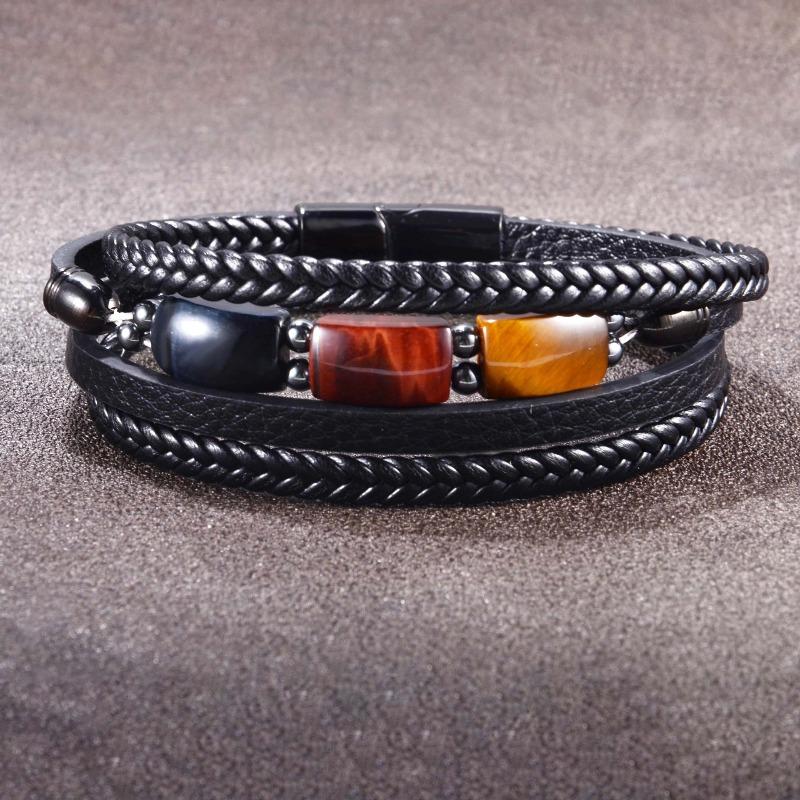 Tiger-eye Stone Bracelet - Multi-layered Woven Leather Rope, Fashionable, Unique, Versatile Leather Bracelet