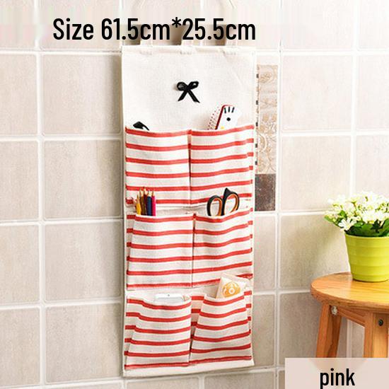 

Striped Cotton Linen Wall-Mounted Bow Storage Bag with Six Pockets for Bedroom or Dorm Organization Multiple Styles