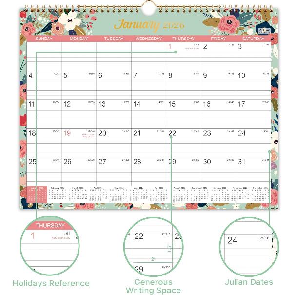 2026 Calendar - 2026 Wall Calendar, Jan 2026 - Dec 2026, 2026 Wall Calendar 12 Month, 15" X 11.5", Twin-Wire Binding, Julian Dates, Large Block,