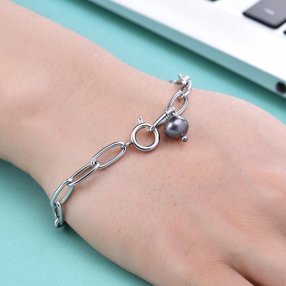 18K Gold Black Pearl Cross Chain Bracelet: Retro Punk Style