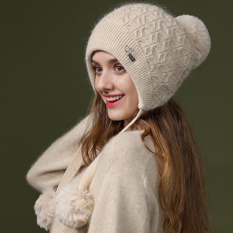 Cute Knitted Hat Thickened Cold-proof and Warm Rabbit Hair Pullover Hat Autumn and Winter Ear Protection Wool Hat