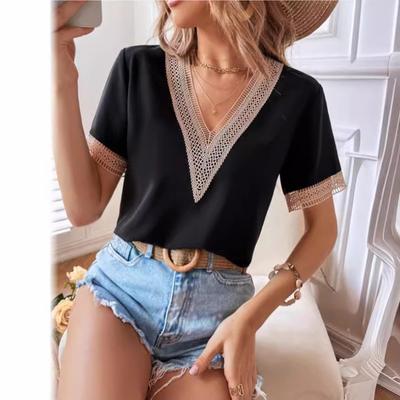 Women's Summer Satin Lace V-neck Solid Color Loose Top Temperament Commuting Short Sleeved Shirt