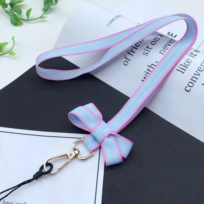 Chic Casual Striped Bow Girl Mobile Phone Lanyard Portable Mini Fan Camera Key Neck Strap Office Work ID Card Holder Rope