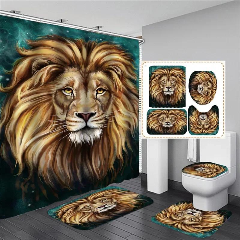 Black Tiger Animals Printed Shower Curtain Set Bathroom Bathing Screen Anti-Slip Toilet Lid Cover Carpet Rugs Kitchen Home Decor