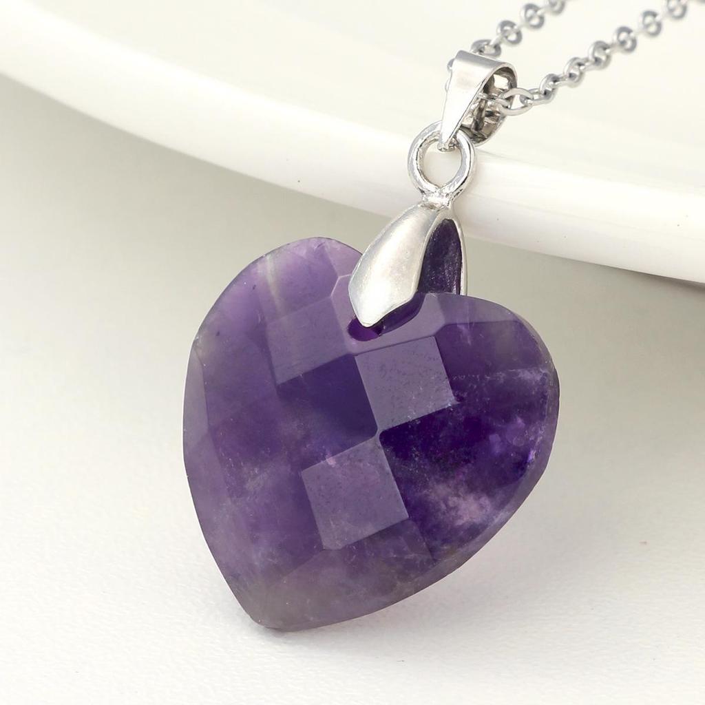 Valentine's Day Crystal Heart Pendant Necklace for Women, Natural Stone & Titanium Steel