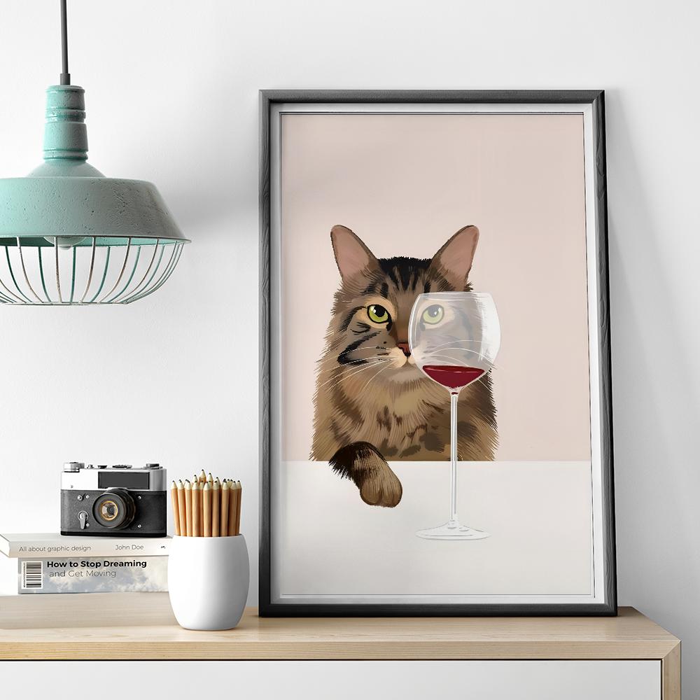 1ks Moderní Kočka Pije Víno Vtipné Zvíře Rostlina Plakát HD Plakáty Domácí Pokoj Bar Kavárna Dekorace Umění Nástěnná Malba Obrázek