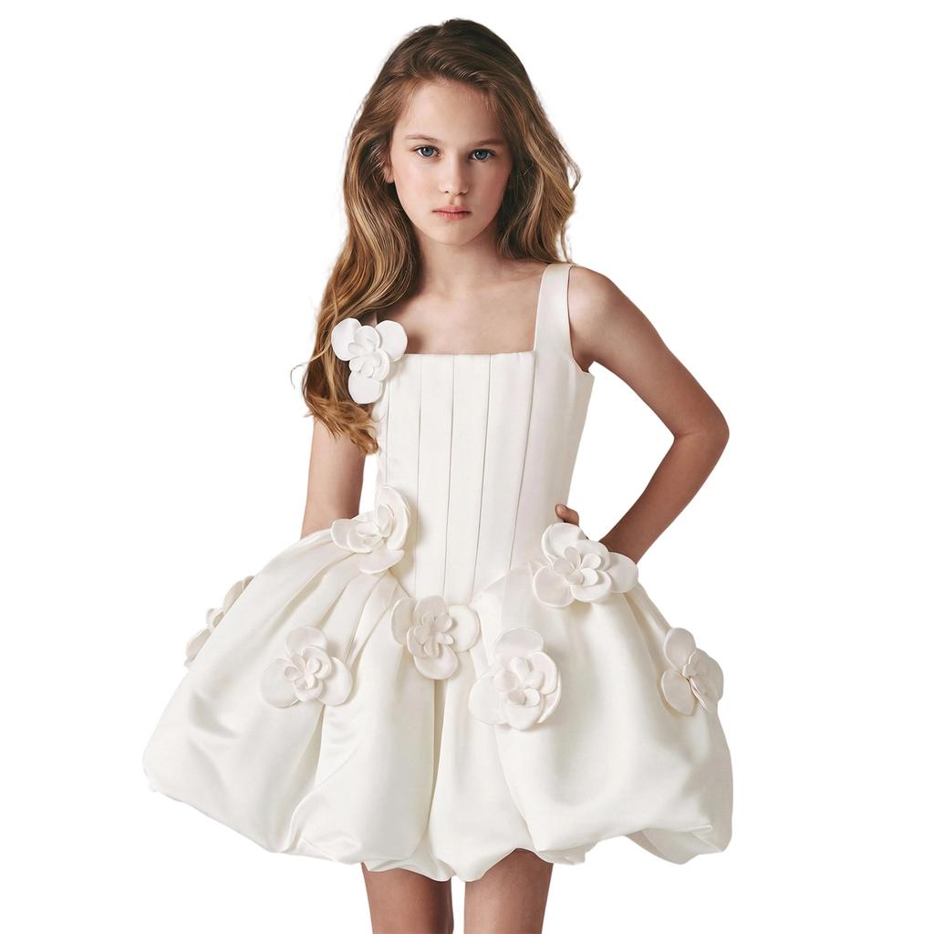 Kids Color Floral Embellished Performance Dress for Stage Party Formal Occasions