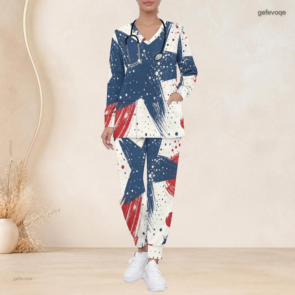 Women Plus Size V Neck Long Sleeve Scrub Set Colorful Rainbow Gradient Heart Print Nurse Uniform Set