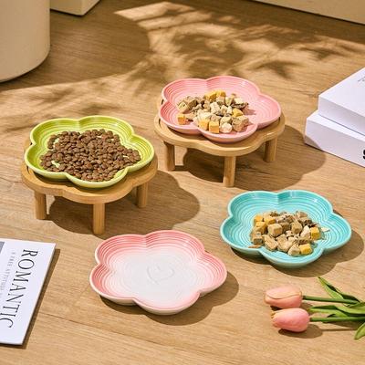 Ceramic Cat Bowl with High Foot, Anti-Knockover Design, and Shallow Mouth for Neck Protection.