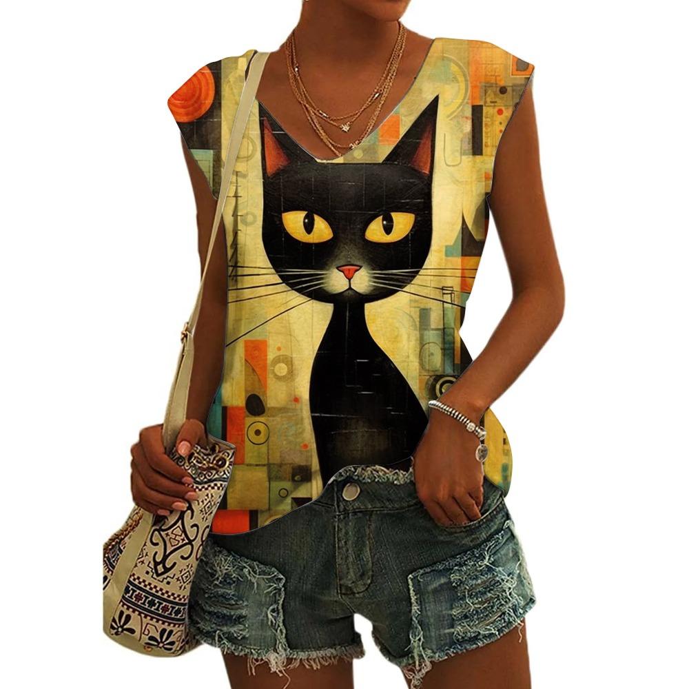 Women's Sleeveless T-shirts 3d Abstract Cat Print Vest Loose V-Neck T-shirts & Blouse Summer Breathable Basic Tops Tees