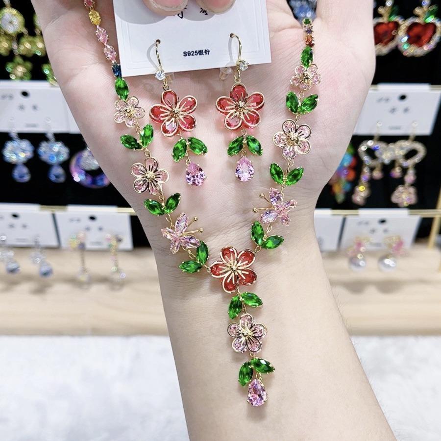 Trendy Zircon Luxury Necklace Earrings Set Color Heavy Industry Premium Peach Blossom Necklace