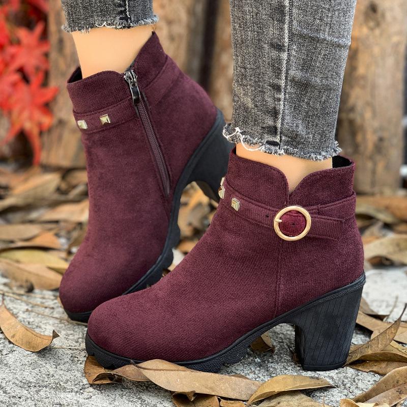 Große Größe Frühling und Herbst neue britische Stil dicke Ferse hohe Ferse Martin Stiefel Nieten Gürtelschnalle und Knöchel Kurzstiefel