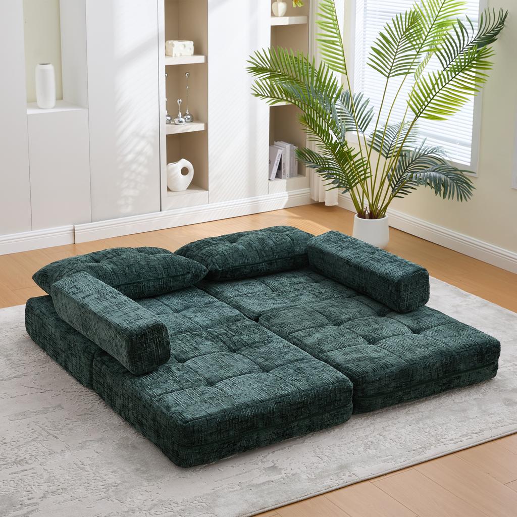 Foldable Sofa Bed with Cushions, Foldable Mattress with Backrest, Comfortable Floor Sofa for Living Room and Bedroom (Dark Green Chenille)