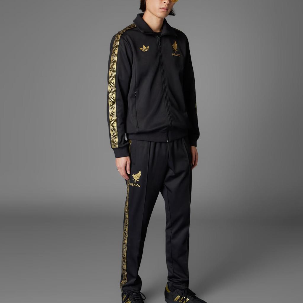 adidas Mexico FMF Gold Track Top Slim Fit Ribbed Stand Collar Full Zip Trefoil Logo Soccer Lifestyle Jacket Men Black Gold JE5335