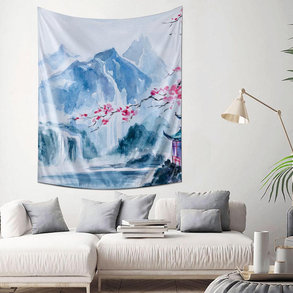 Chinese Landscape Cherry Blossom Tapestry Elegant Home Wall Decor