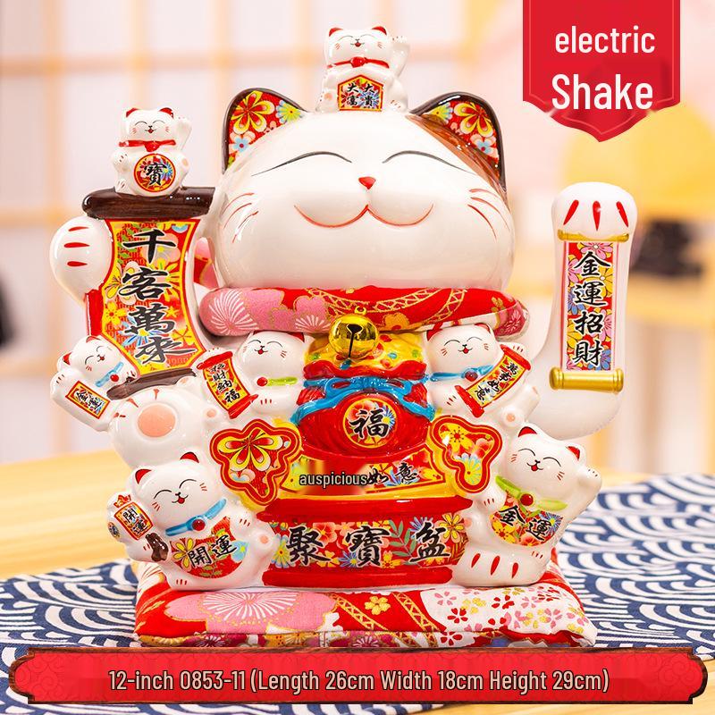 Medium Ceramic Lucky Cat Figurine with Electric Waving Paw - Prosperity Charm for Shops and Gifts