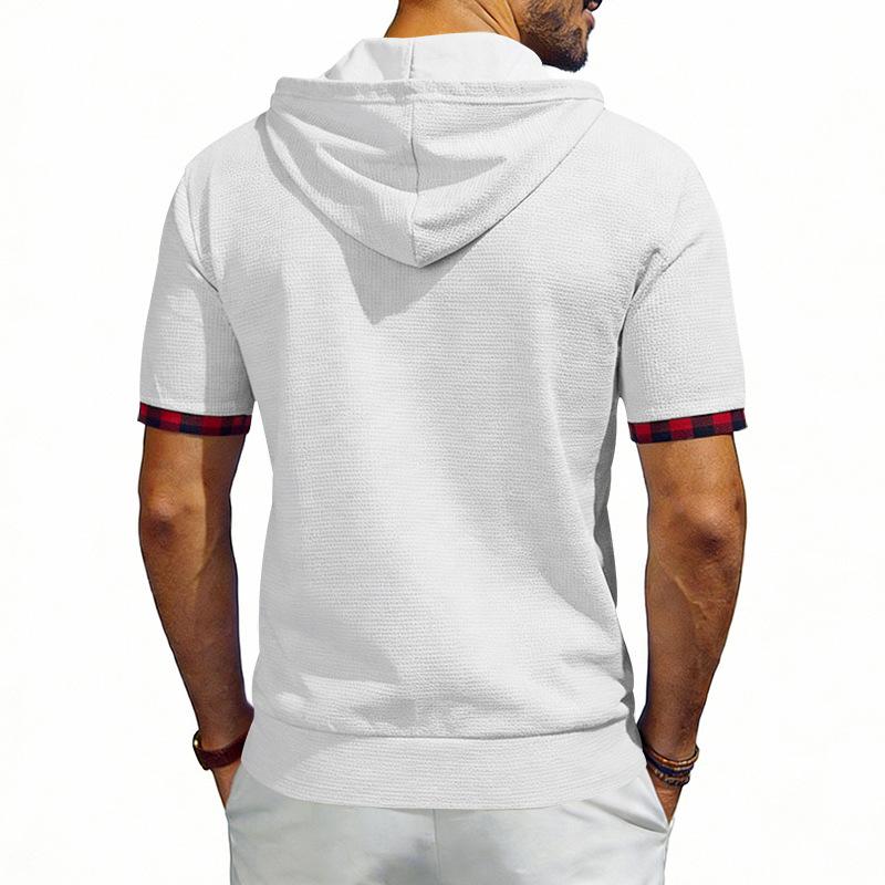 Men's Hooded T-Shirt Short Sleeve Contrast Plaid Cuff Drawstring Breathable Casual Pullover Tops Summer Hooded Tees Men