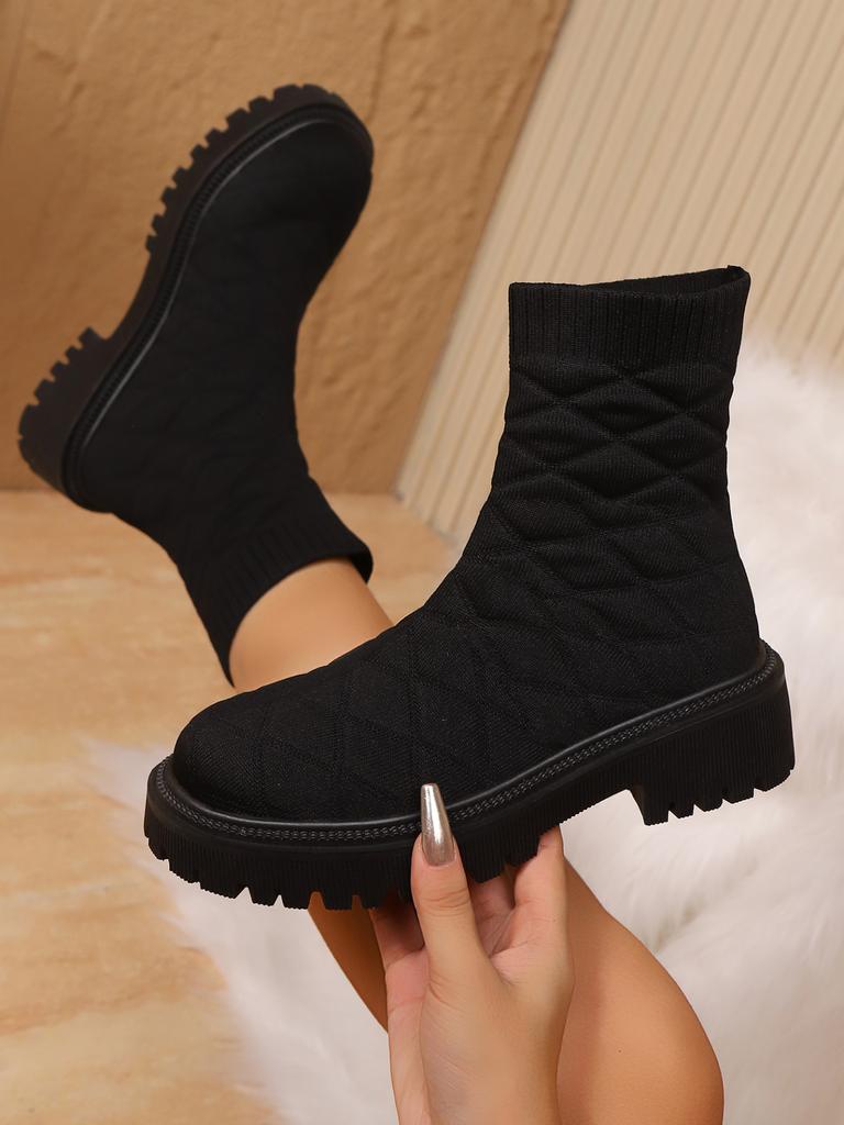 Stivaletti Sock con Tacco a Blocco Autunno Nuovi Punta Tonda Piattaforma Manica Suola Morbida Antiscivolo Resistenti all'Usura Stivaletti