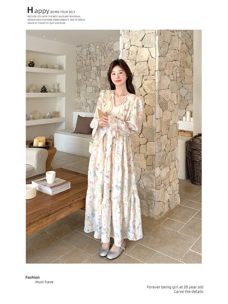 Elegant French Chic Floral Long Dress - Romantic Spring Style with Large Hem