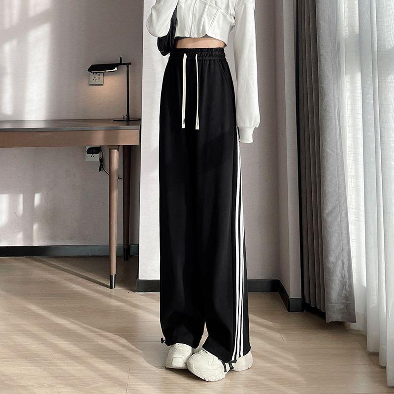 

Grey Wide-Leg Plus Size Slimming Drawstring Pants for Women - Spring/Summer High Waist Loose Fit for Students L (85-110 Jin) чорний