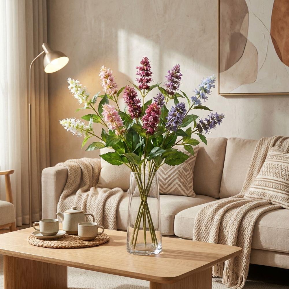 3 Head Artificial Pogostemon Stem Spike Flower Simulation Pogostemon Silk Faux Flower  Table Decor