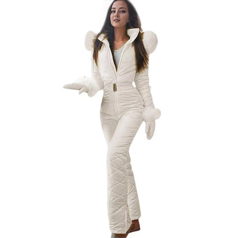 Ski Jacket Ski Jumpsuit Winter Women's Snowsuit with Gloves Hood Windproof Ski Outfit with Elastic Waist Zipper for Outdoor