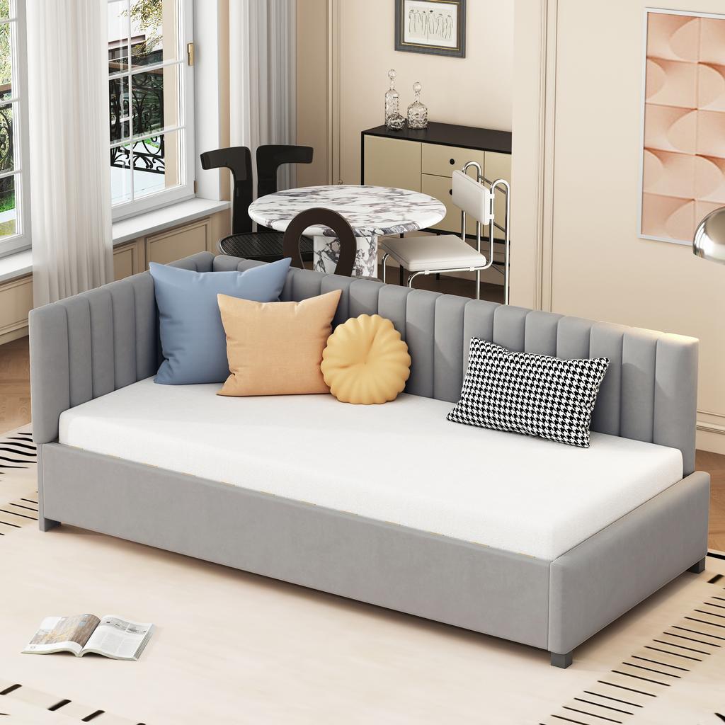 Upholstered Bed Sofa Bed 90*200 Multifunctional Bed with Slatted Frame Skin-Friendly Velvet Fabric Gray