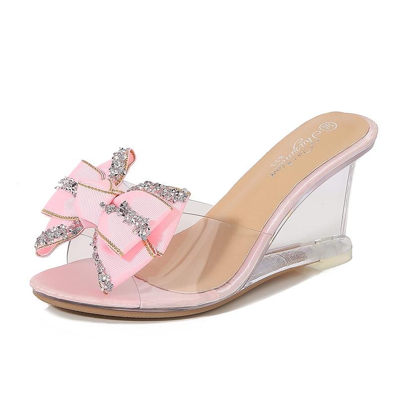 

Новые женские летние пикантные прозрачные шлепанцы на высоком каблуке с кристаллами и бантом, серия 1098, туфли на высоком каблуке 6 см, LFD 39 розовый