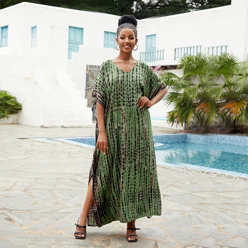 EDOLYNSA Damska artystyczna sukienka plażowa Plus rozmiar tunika w paski dekolt w kształcie litery V Tie-Dye sukienka Kaftan lekka swobodna odzież domowa Q1218