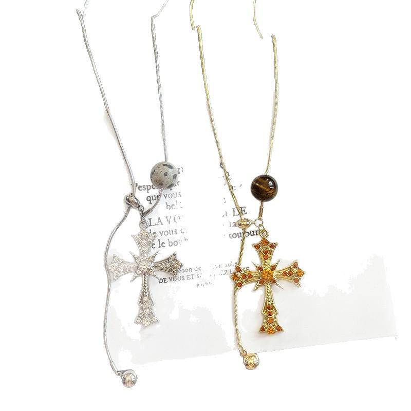 Vintage Tiger Eye Stone Cross Pendant Necklace with Sweater Chain Design