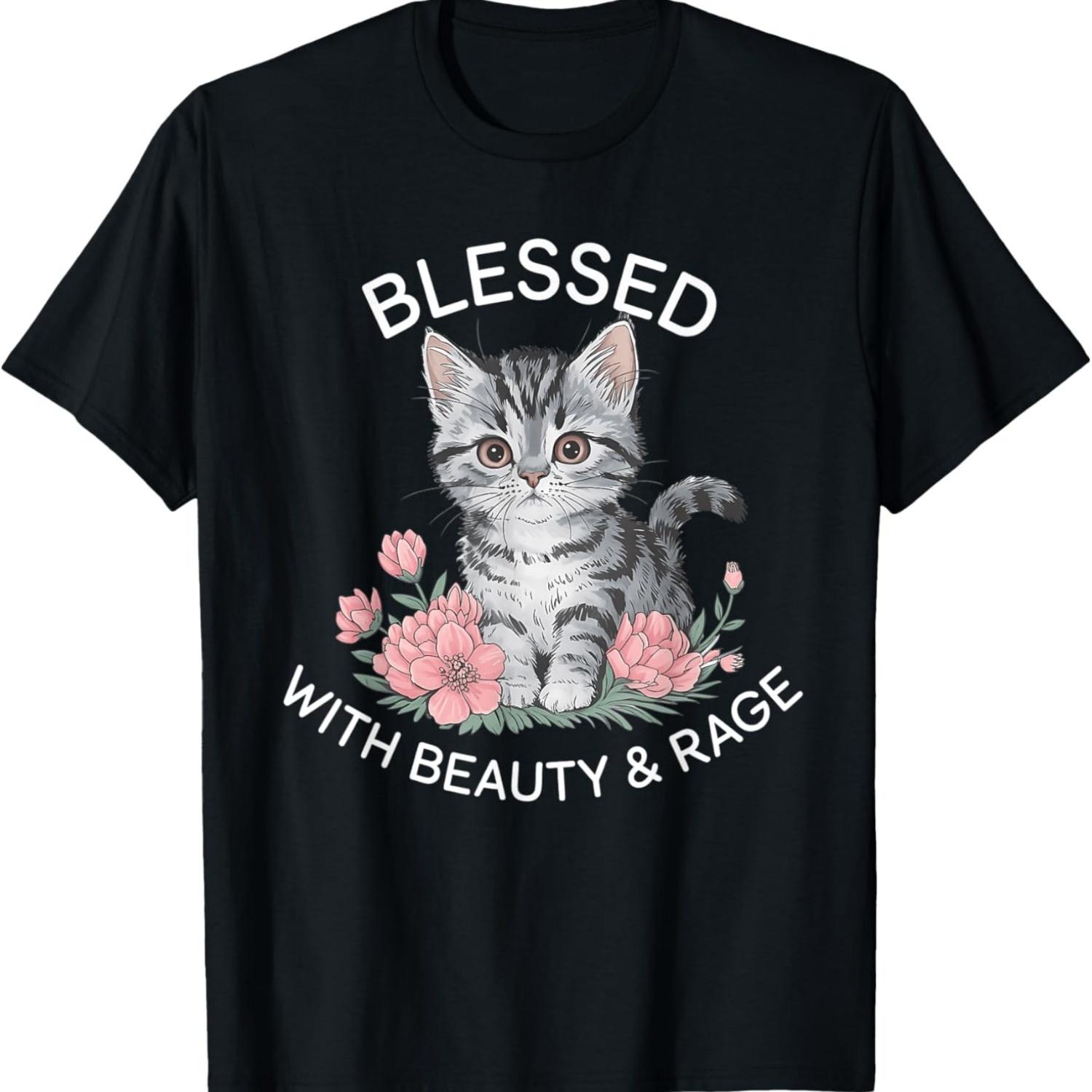 

Blessed with Beauty and Rage Cute Cat Flower Meme Funny T-Shirt(1) S чёрный