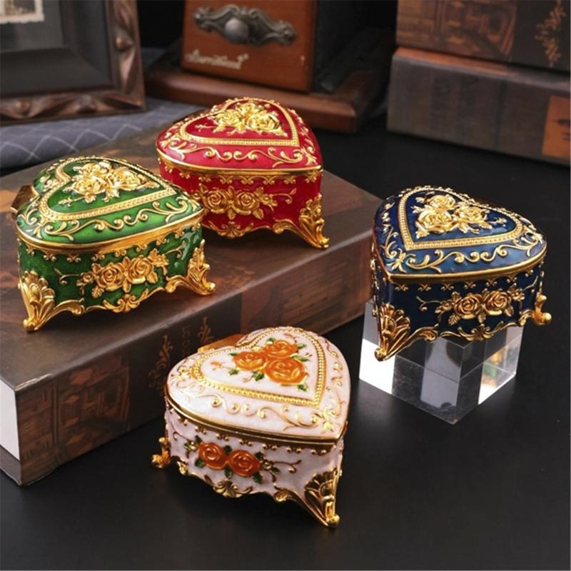 Heart Shaped Jewelry Box with Rose Embossed Lid, Zinc Alloy Storage Case for Vanity Display, Jewelry Storage and Gifts