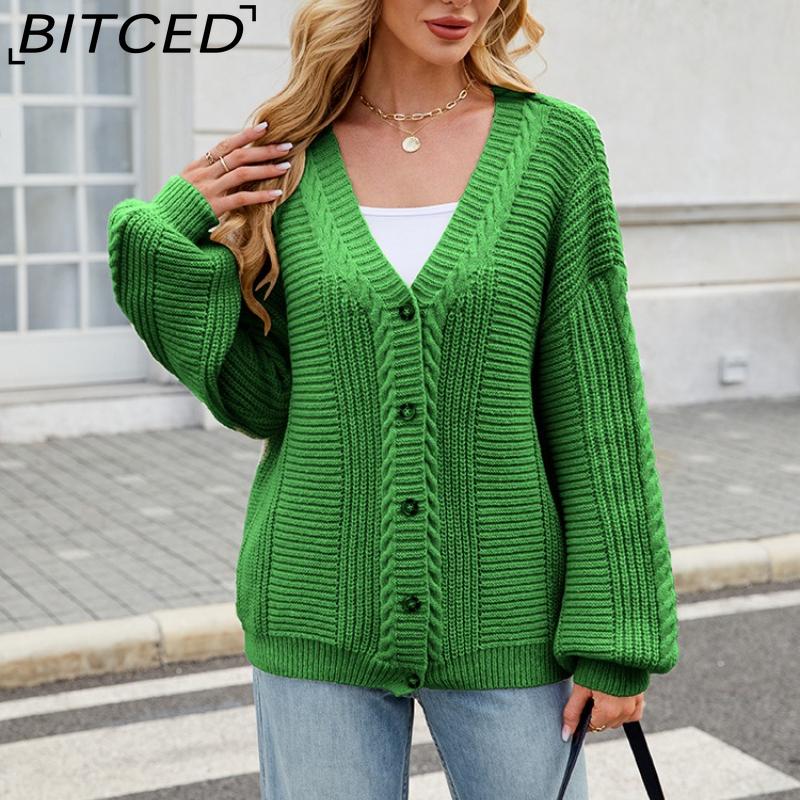 BITCED Relaxed-Fit Oversized Cardigan Autumn/Winter Long-Sleeved V-Neck Cable-Knit Sweater