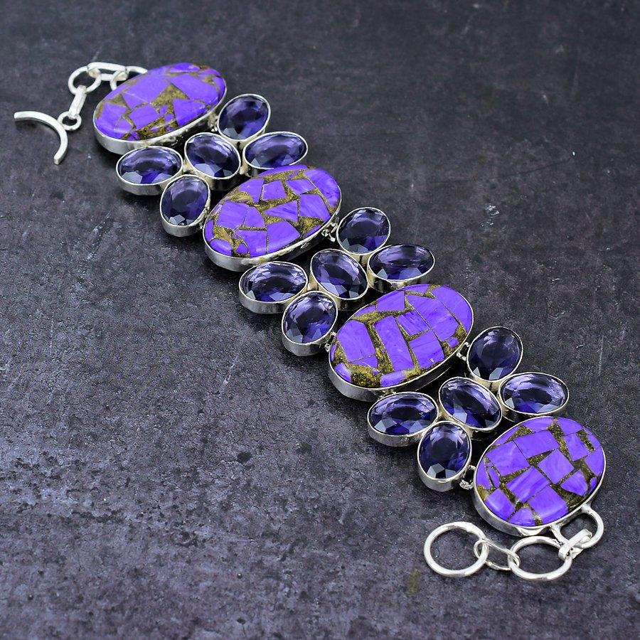 Kobber Charoitt, Ametyst Håndlaget 925 Sterling Sølv Gavearmbånd 7-8" Y4y59