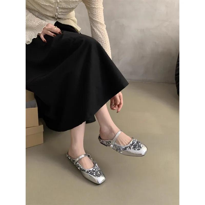 Fashion Summer Designer Sequined Decorative Women's Muller Shoes Casual Outdoor Ladies Low Heels Fashion Mary Jane Shoes Women