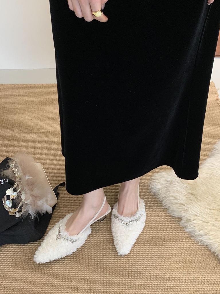 2025 autumn and winter new pointed-toed thin-heeled rhinestone sandals European and American fashion sweet bag head high-heeled fluffy shoes