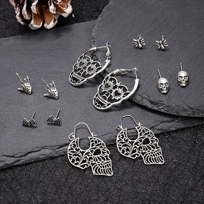 6 Pairs Unisex Halloween Stud Earrings Hollow Out Skull Bee Bat Shape Ear Studs Dangle Earrings Fashion Jewelry Gift