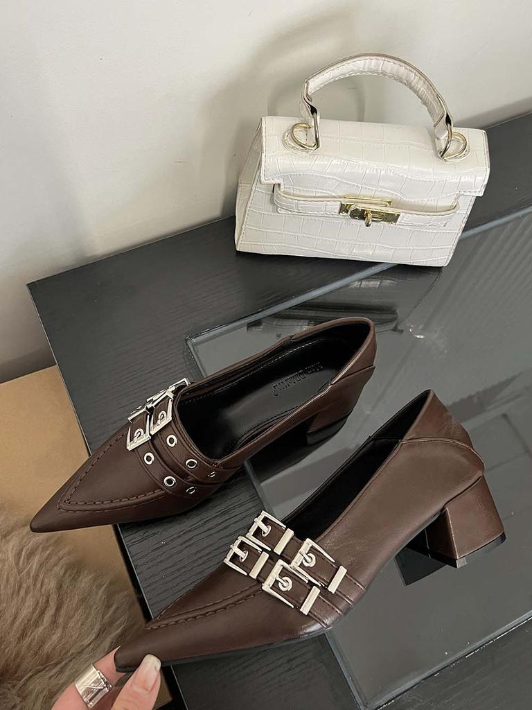 Fashion Fashion Women Loafers Pumps Pointed Toe Belt Buckle Rivet Design Slip On Autumn Spring Sexy Office Pumps Mules 35-39 Black Brown