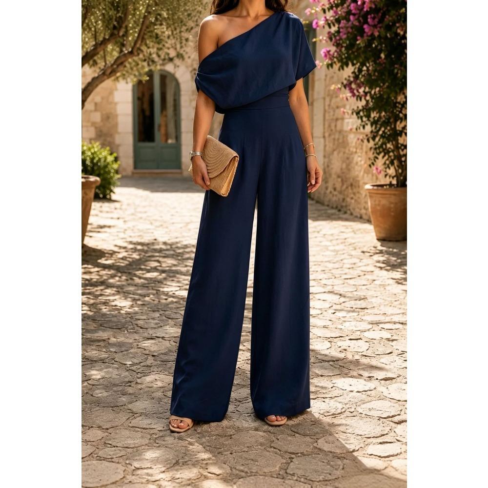 Women's One Shoulder Short Sleeve Slim Fit Casual Linen Wide Leg Jumpsuit for Summer