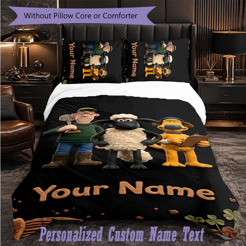 Personalized 3Pcs Bedding SetShaun the Sheep Custom Text Duvet Cover Pillowcase Set Bedroom Gift