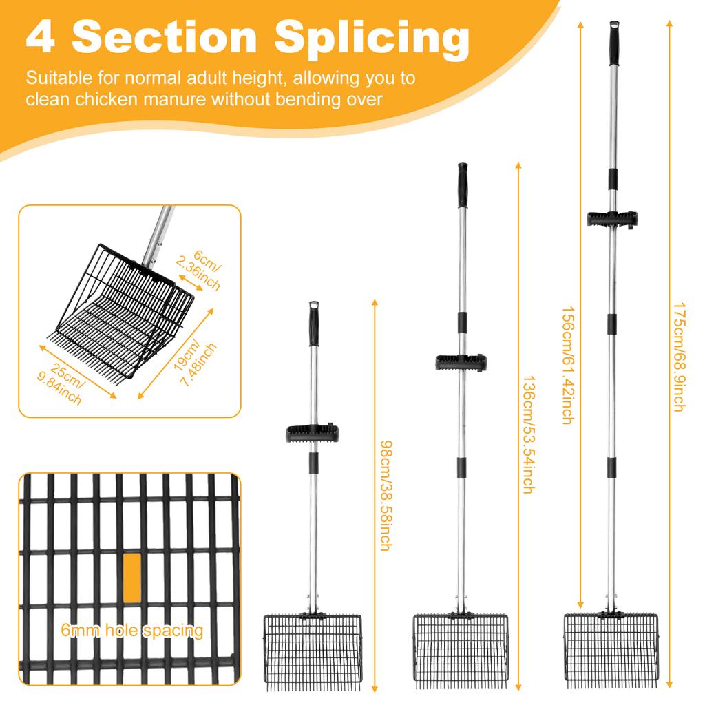 Metal Chicken Poop Scooper and Rake 2 In 1 with Adjustable Stainless Steel Handle Litter Screening Scoop for Pet Waste Cleaning