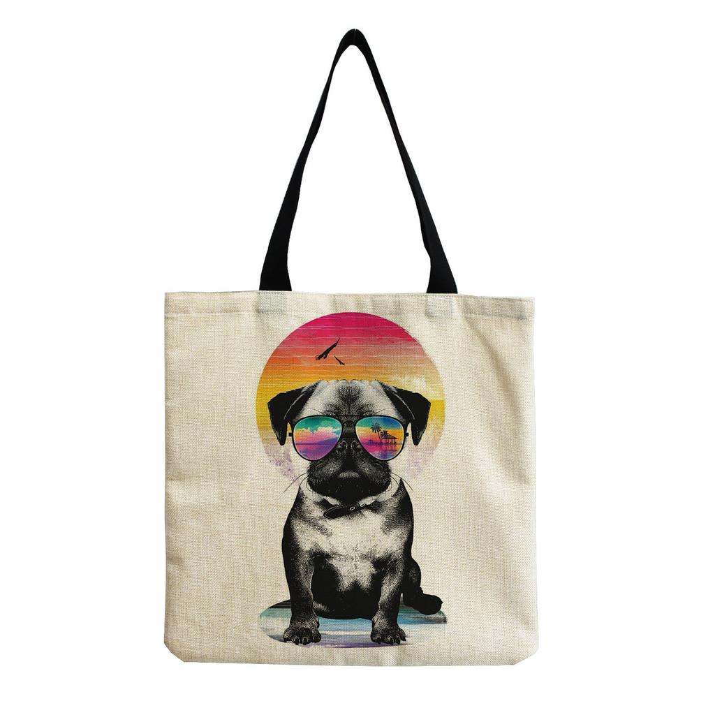 Women Vintage Linen Tote Bag - Large Capacity Dog Print Shoulder Handbag for Casual & Grocery Shopping KTB
