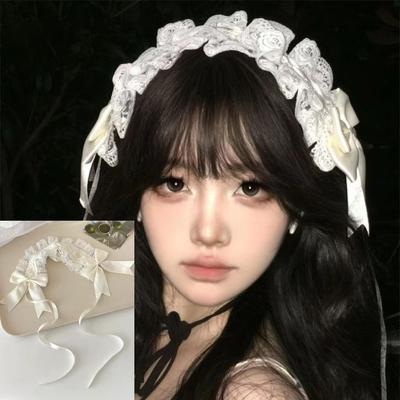 White Lace Rose Headband With Satin Bows - Sweet Lolita Hair Accessory Cos Maid Headband Hair Accessories