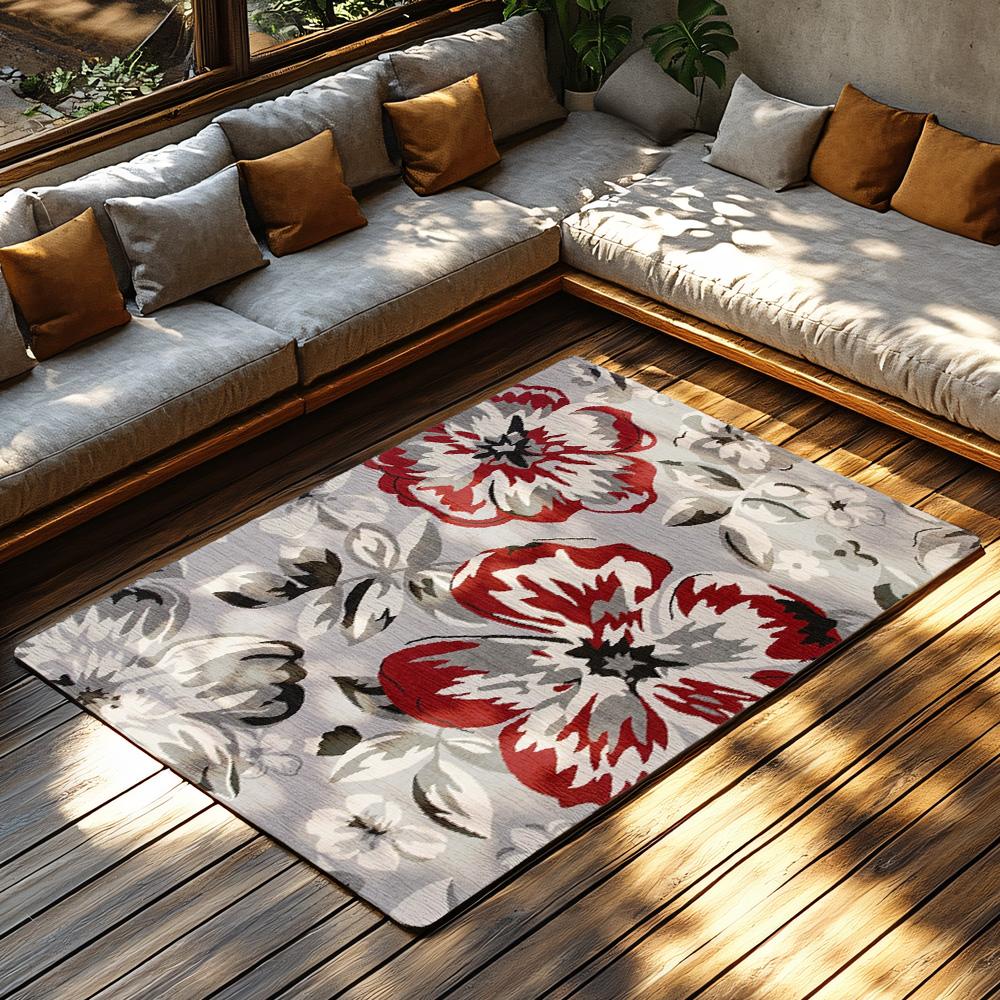 Red White Floral Bohemian Rug, Non-Slip Vintage Living Room Carpet, Soft Gray Background Floor Mat for Home Decor
