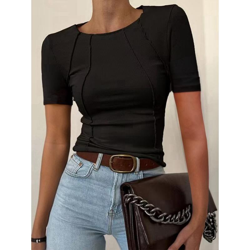 T-shirt da donna monocolore con spacco sul petto e scollo rotondo Un nuovo top estivo aderente