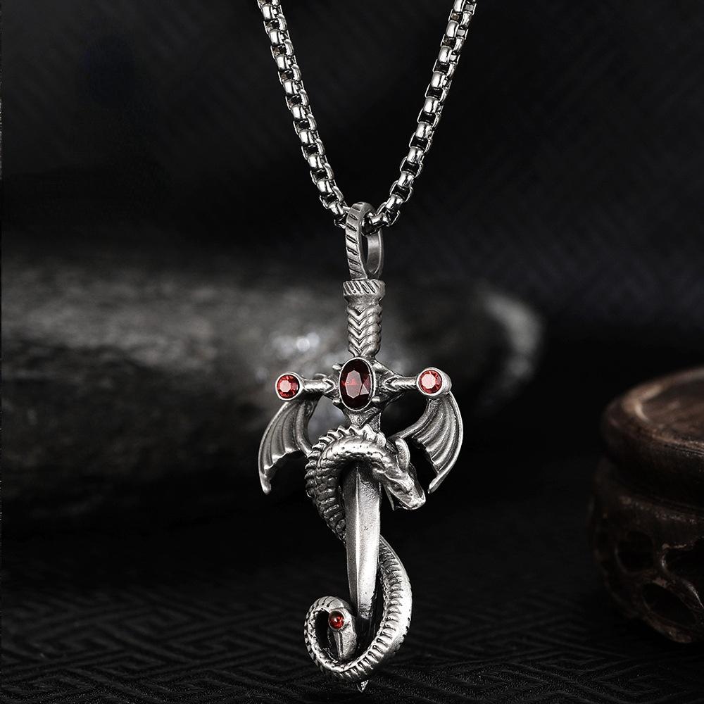 Vintage silver dragon sword cross pendant necklace for men and women Gothic punk long chain necklace hip hop jewelry