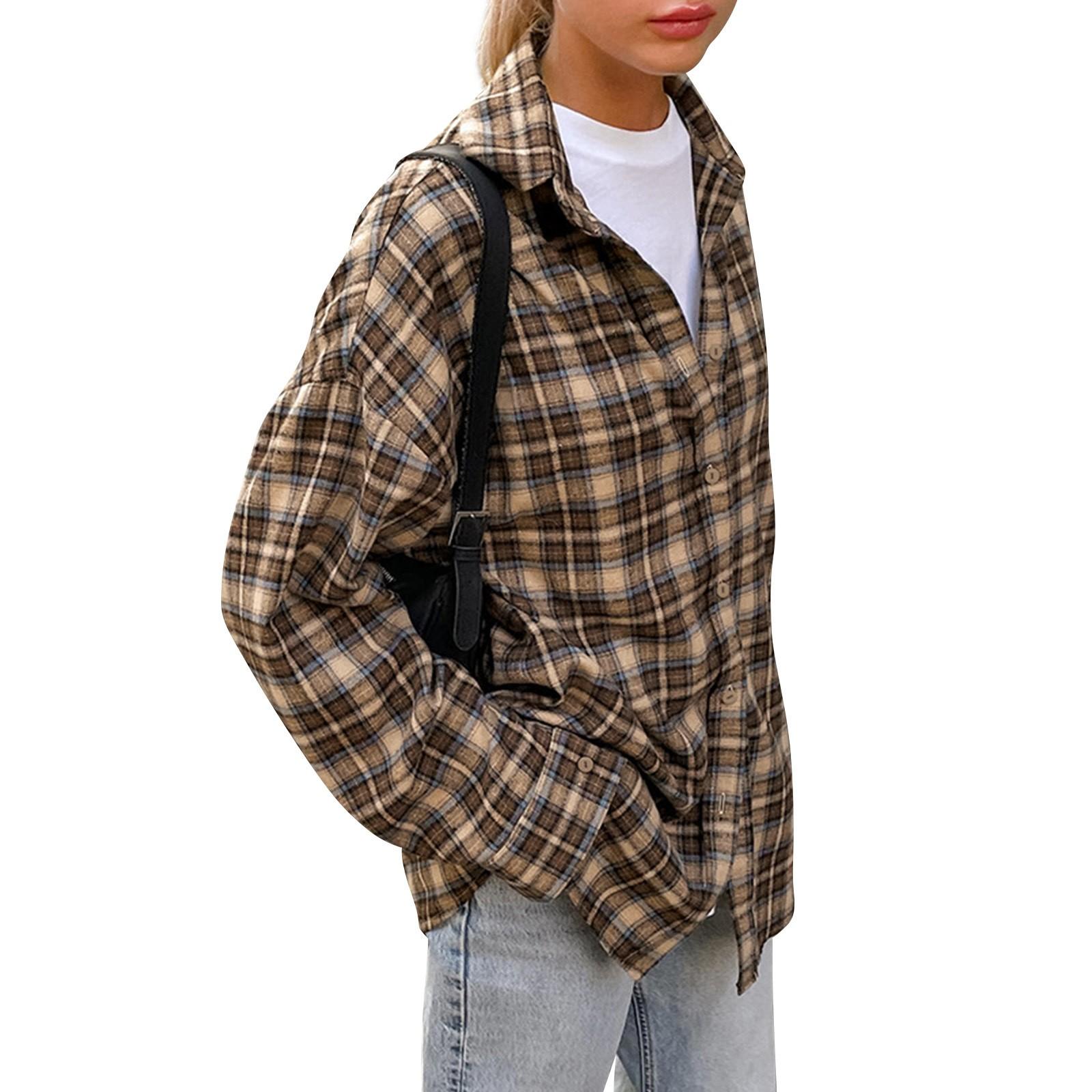 Модная женская свободная рубашка в клетку в стиле ретро S хаки — фото 3